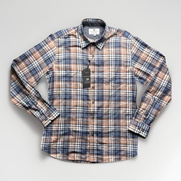 Thread & Cloth Button Down Shirt Mens M Twill Orange Blue Plaid Long Sleeve - Picture 1 of 12